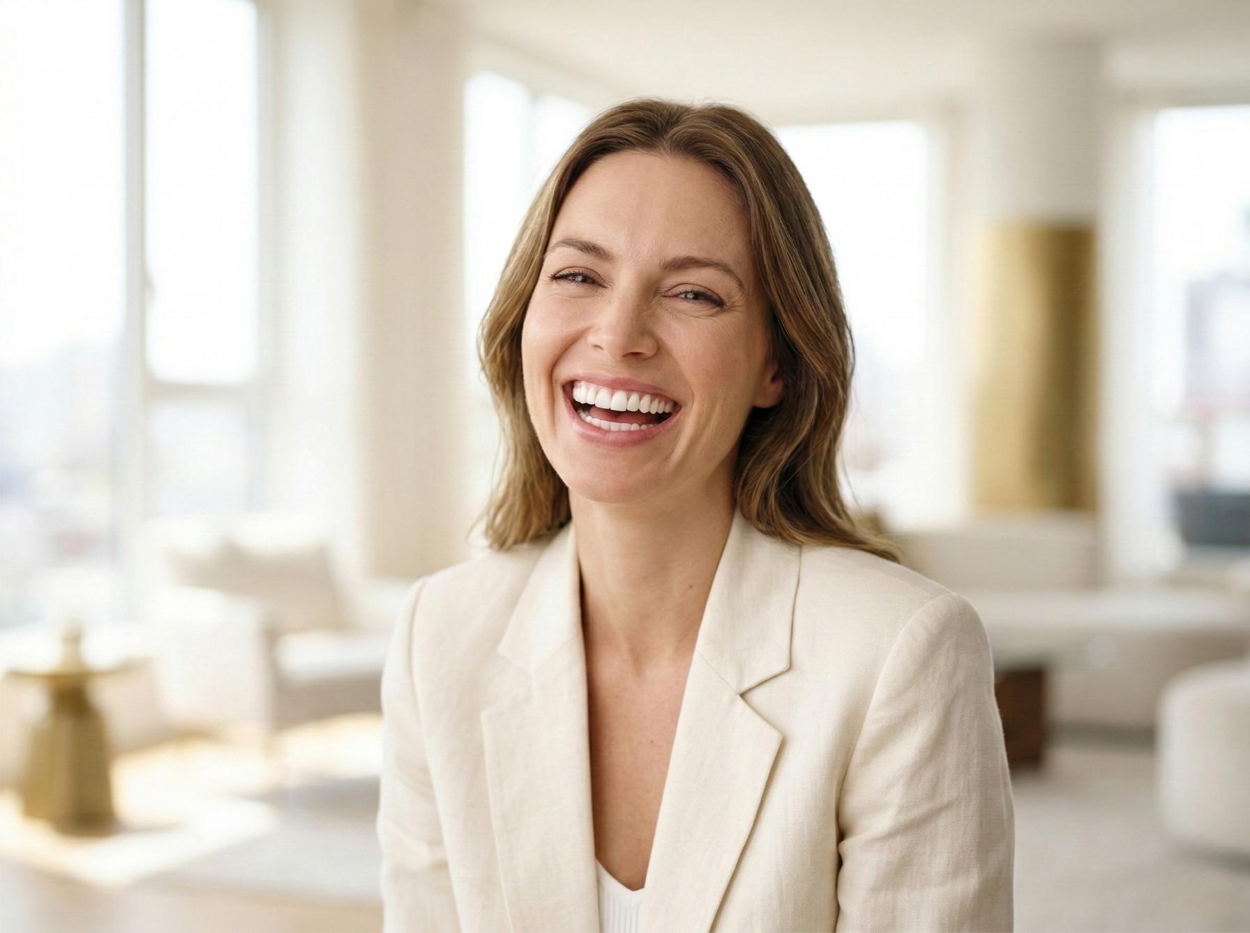 A confident woman showcasing a bright and natural porcelain veneer smile makeover in Edmonton.