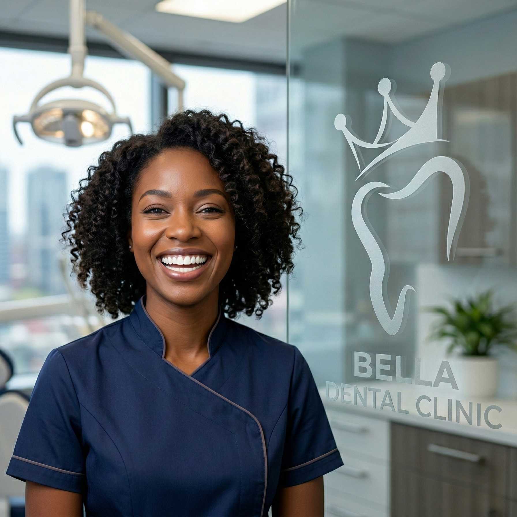 A confident patient smiling brightly after professional teeth whitening at a modern dental clinic in Edmonton.