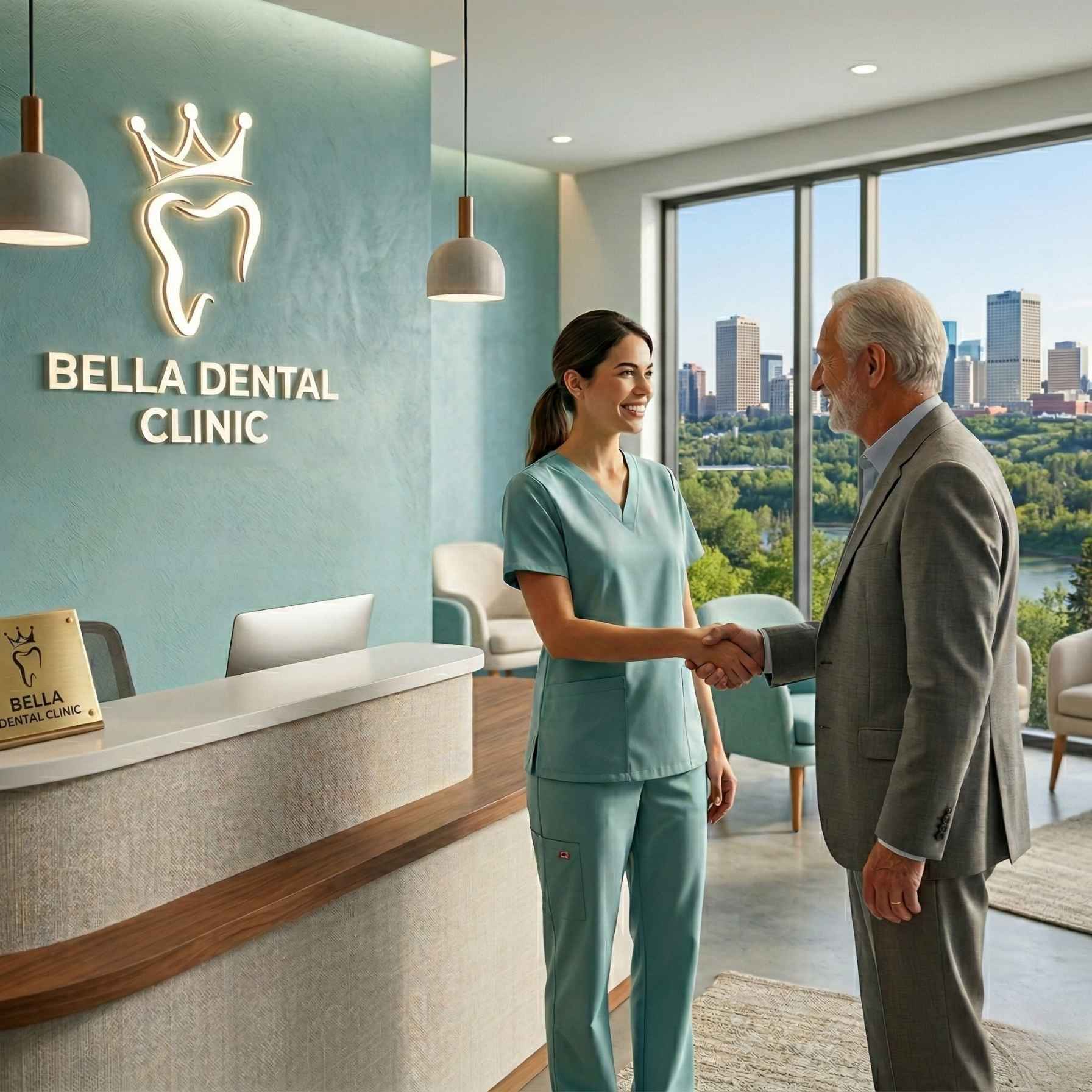 Welcoming dental clinic waiting room with diverse Canadian patients being greeted by a friendly dentist at Bella Dental Clinic, a proud CDCP provider